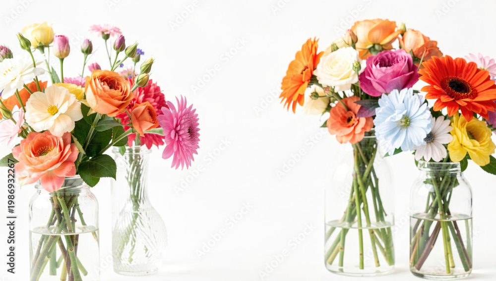 Obraz premium A pair of colorful flower arrangements in decorative vases