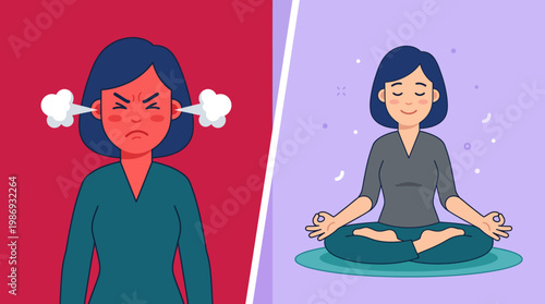 Split illustration showing an angry person and a calm person meditating for emotional contrast.