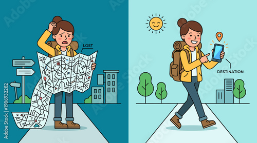 Illustration of a traveler lost with map then navigating with smartphone.