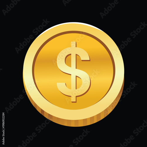 Dollar coin vector icon, gold coin dollar currency vector illustration, dollar clip art, golden dollar coin icon on black background