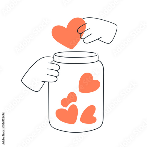 Hands collecting hearts in jar. Donation, charity and love concept. Supportin...