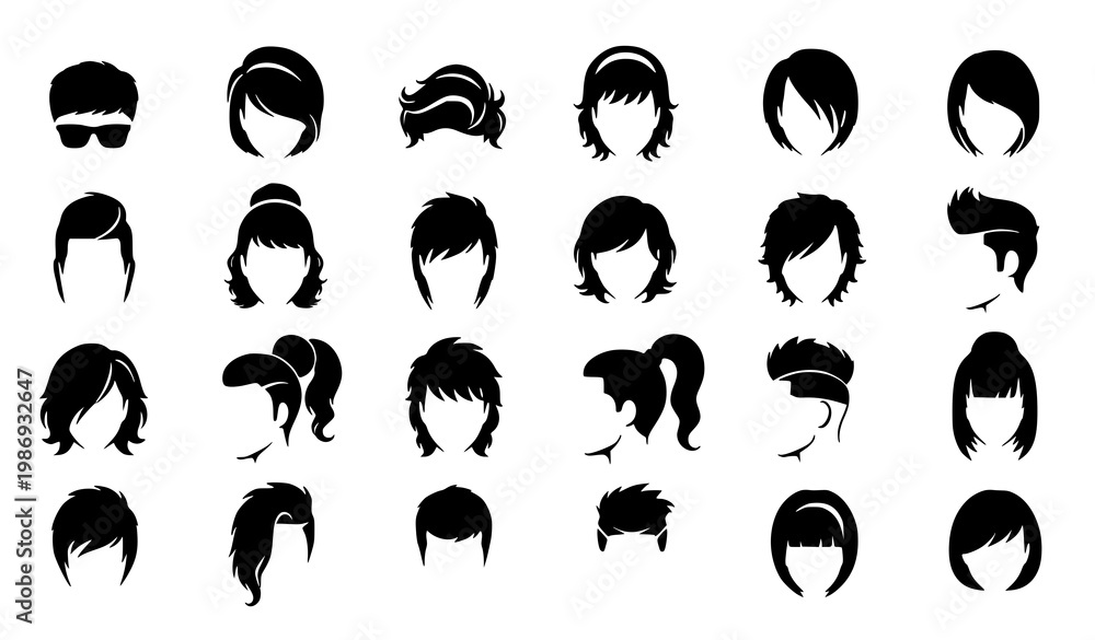 Obraz premium Modern hairstyle silhouette icon set with male and female hair styles for salon fashion vector collection