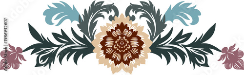 Flat, colorful composition (monogram) in a Gothic style. Ideal for vintage-themed designs. Symmetrical, botanical digital illustration on the theme of Gothic chivalry