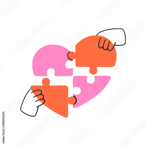 Two hands assembling broken heart puzzle, connecting cut jigsaw pieces togeth...
