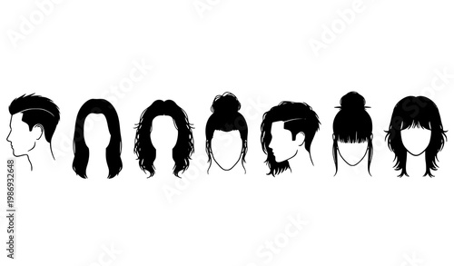 Stylish modern hair silhouette icons with male and female haircut designs for salon and barber vector set