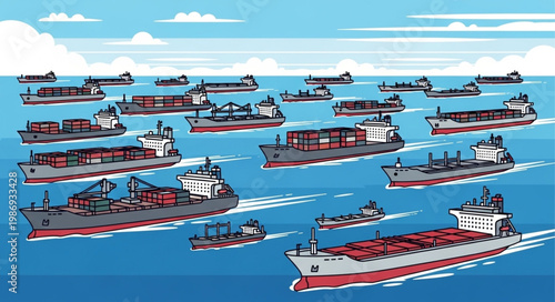 Numerous Cargo Ships Navigating the Open Sea.