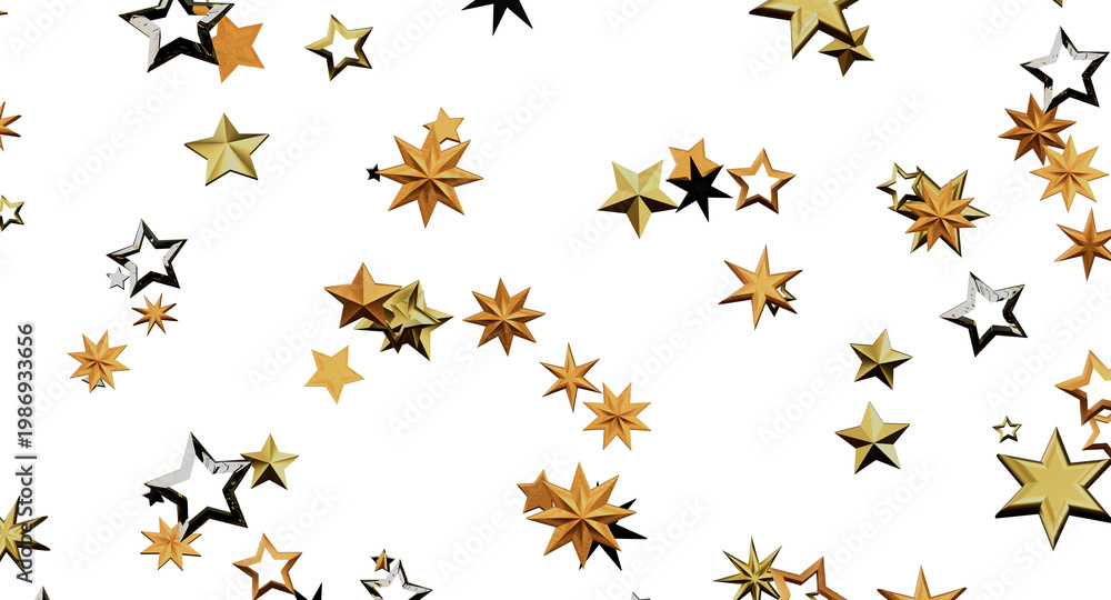 Obraz premium Abstract background featuring golden star confetti against a white backdrop. Perfect for celebration, holidays, and fest