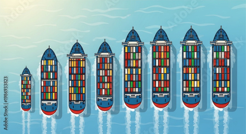 Container Ships of Varying Sizes Lined Up in the Ocean.