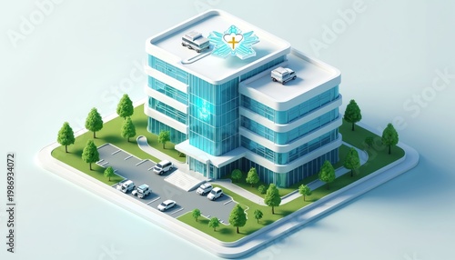 Modern isometric smart hospital building with clean architecture and glass facade. Green trees surround the structure. Medical vehicles are parked and on roof. Tech advances in healthcare.