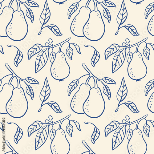 Blue line drawing of pears with leaves on cream background. Pattern repeats seamlessly for design use. Ideal for packaging, textiles, or wallpaper. Minimalist style suits modern or rustic themes