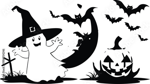 Spooky halloween elements set, cute ghost in witch hat, scary bats, evil pumpkin on graveyard.