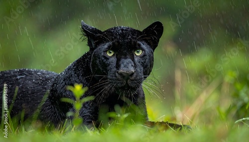 Intense black panther lounges in bright green grass under rain