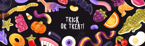 Halloween banner with border from different jellies. Design of frame from gummy candies. Trick or treat with sweet fruit marmalade and sour gelatin desserts, bonbons. Flat vector illustration