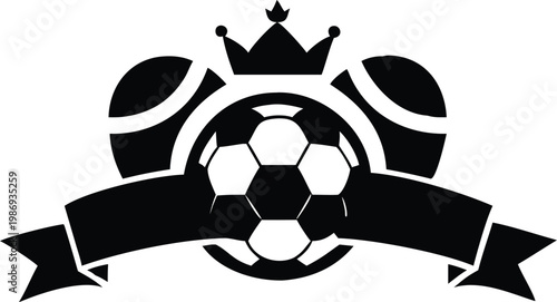 Black silhouette of soccer ball with crown and ribbon banner on transparent background.