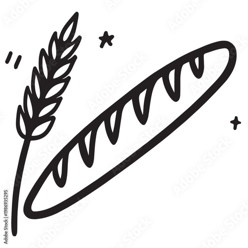 baguette and wheat stem, simple doodle style