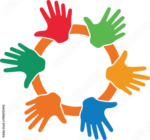 Colorful hands circle around orange ring for unity community diversity and teamwork concept in charity social program