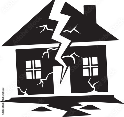 Cracked broken house silhouette representing earthquake damage and natural disaster aftermath with visible fissures