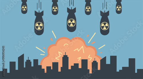 Atomic Bombs Falling on City with Mushroom Cloud Explosion Illustration
