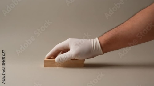 Gloved hand interacting with wooden block on neutral background for clean product presentation