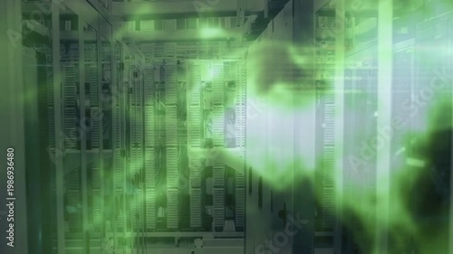 Datacenter racks remaining static while green haze overlaying from right, showing network activity