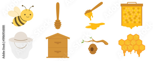 Honey and Beekeeping Flat Vector Illustration Icon Set