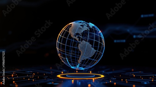 Glowing globe floats above digital network. Lines connect continents, representing global communication, data streams. Futuristic aesthetic.