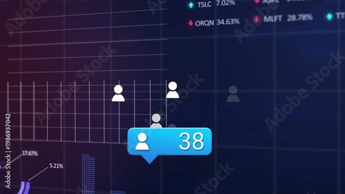 Receiving user events, blue callout bubble updating count on navy dashboard, with icons clustering