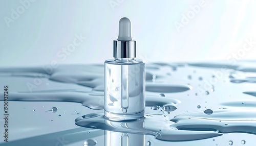 Close-up of a clear glass dropper bottle with transparent serum on a wet light blue reflective surface with water splashes