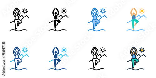 Beach yoga icons set multiple style collection. Editable stroke 
