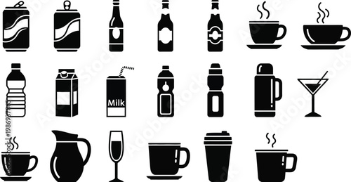 Black and white beverage including coffee cups bottles and glasses drink