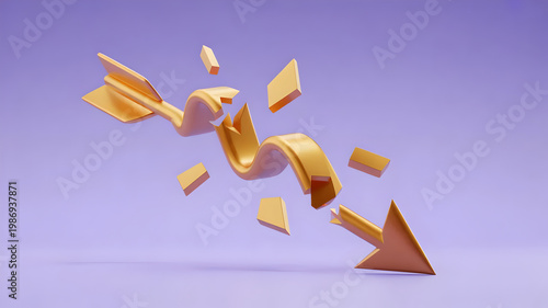 Broken Golden Downward Arrow: 3D Concept of Financial Failure, Economic Crash, and Market Instability