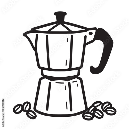 moka pot with coffee beans, simple hand doodle