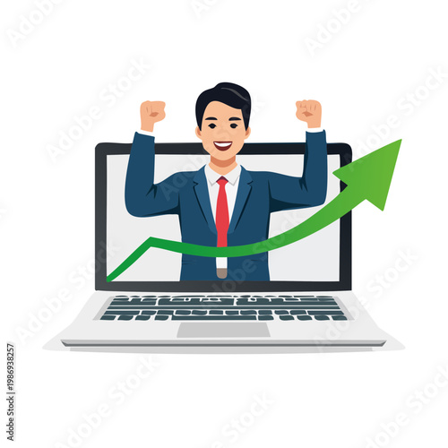 A man in a business suit celebrating with fists raised in front of a laptop