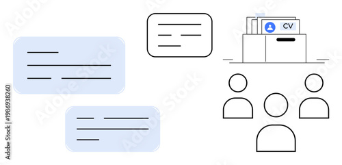 Recruitment process. Visual elements recruitment through CV filing, searching candidate profiles, and communication. Recruitment for HR, staffing agencies, job portals, and hiring platforms