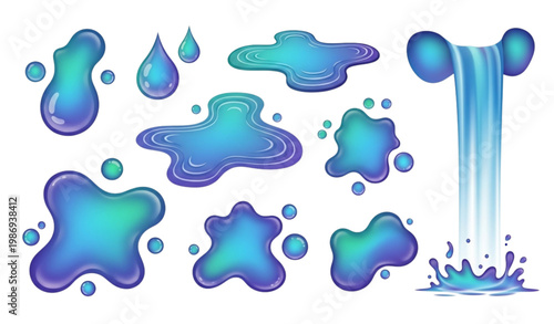 Liquid splashes vector set drops puddles waterfall abstract design