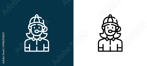 Two-tone call center agent line icon pair in black and white, editable stroke vector illustration for web, mobile apps, UI design, branding, and print from Logistics