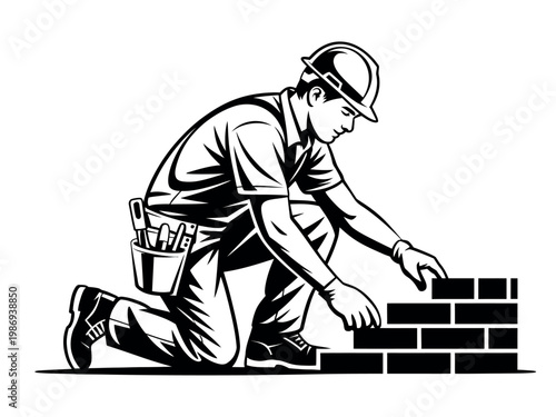 A construction worker in a hard hat building a brick wall with a tool belt