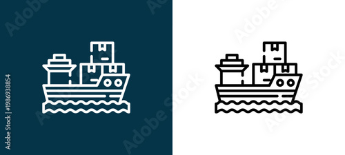 Two-tone cargo boat line icon pair in black and white, editable stroke vector illustration for web, mobile apps, UI design, branding, and print from Logistics