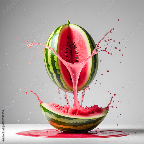 Watermelon juice splashing from floating fruit halves over gray background with pink liquid.