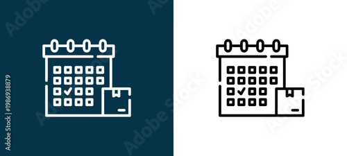 Two-tone delivery day line icon pair in black and white, editable stroke vector illustration for web, mobile apps, UI design, branding, and print from Logistics