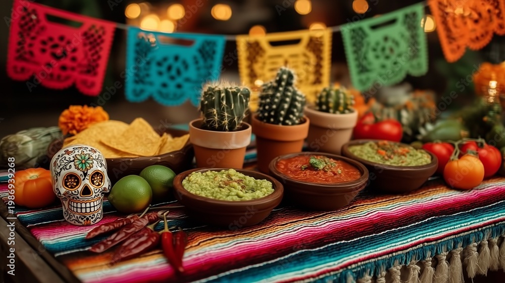 Fototapeta premium Vibrant Cinco de Mayo Celebration with Guacamole, Salsa, and Colorful Decorations