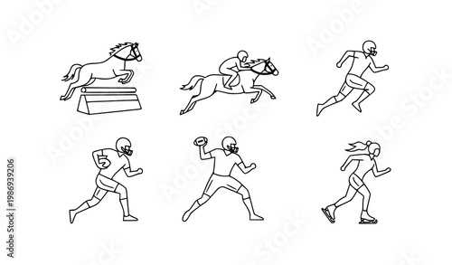Sports activity line icon set with horse jumping racing rugby run football throw and ice skating vector