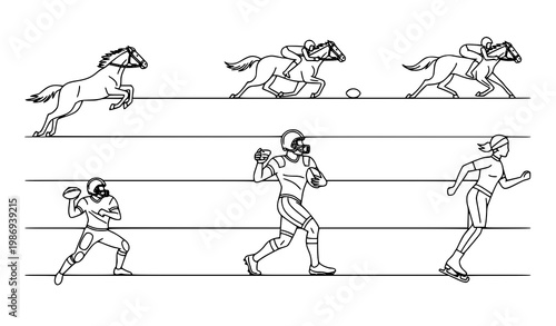 Sports action line icon set with horse jumping racing rugby run football throw and ice skating vector collection