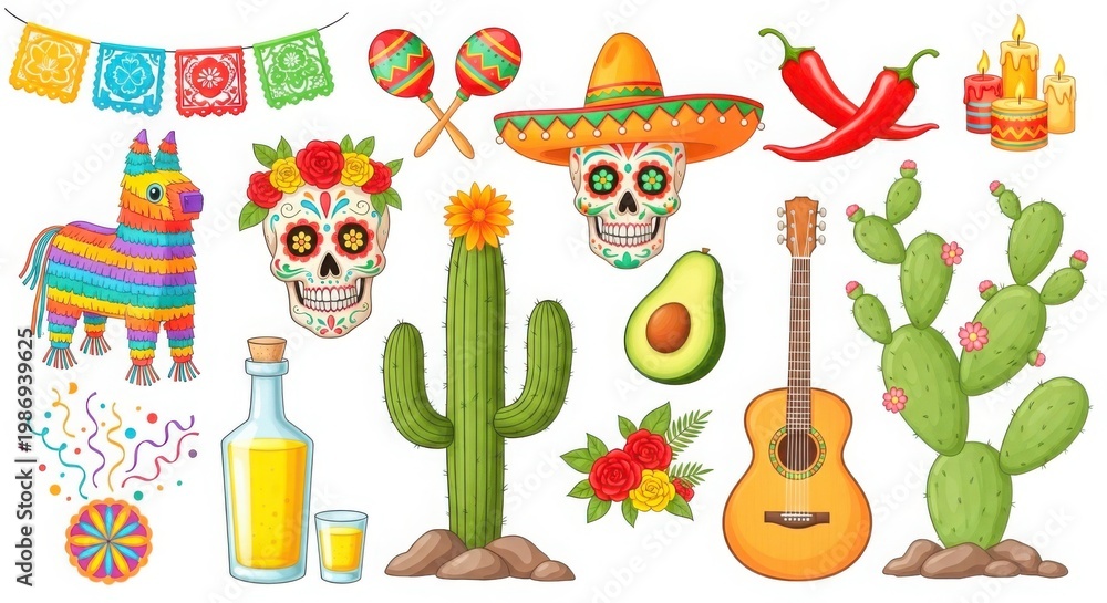 Fototapeta premium Colorful mexican fiesta elements including piñata and guitar