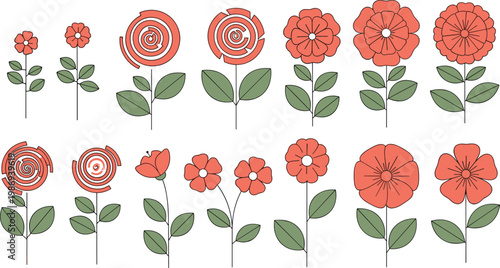 Set of 12 Minimalist Red Flowers with Green Leaves in Various Shapes and Styles for Botanical, Nature, and Floral-Themed Illustrations