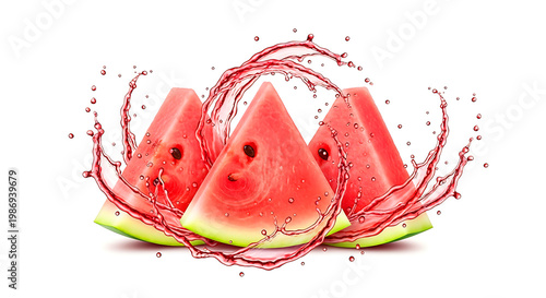 Three juicy watermelon slices with splashing red juice, refreshing summer fruit.