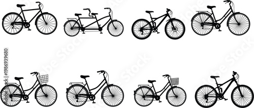 Flat vector illustration of eight bicycle silhouettes, tandem bike, commuter bicycles with baskets, curved frames, straight frames, black design art