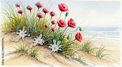 A very loose, watery depiction of sea-side flowers on a sandy dune