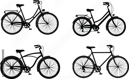 Flat vector illustration of four bicycle silhouettes, city bike, hybrid commuter, cruiser bicycle, road bike, frame variations, black design