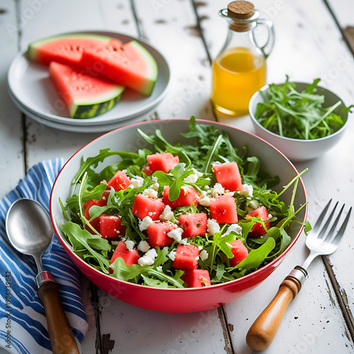 Fresh watermelon and feta salad with arugula and dressing, healthy summer dish.